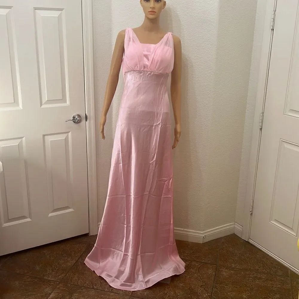 Pink Satin Wedding Dress Flowing Maxi Bride Bridesmaid Princess Matching Scarf